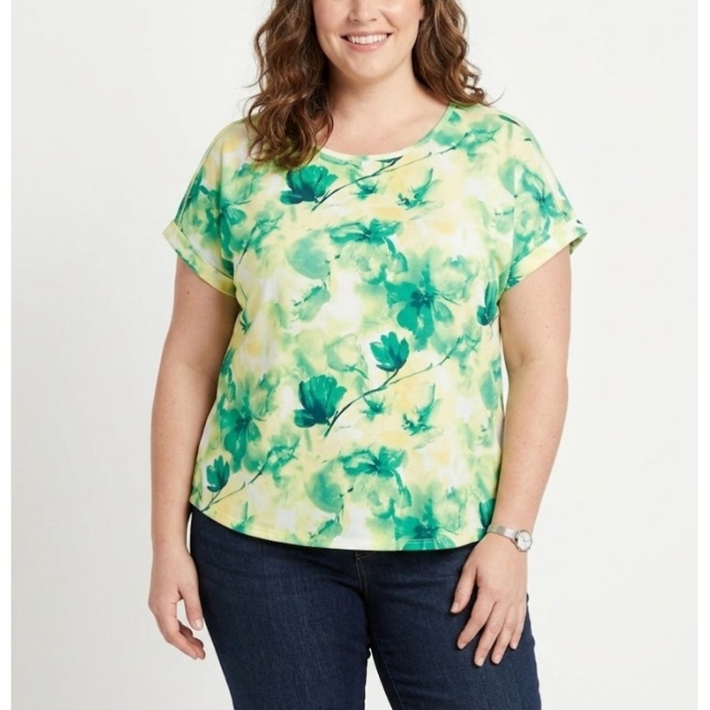 Chico's Green Yellow Floral Soft‎ Stretch Pullover Short Sleeve Top XL
